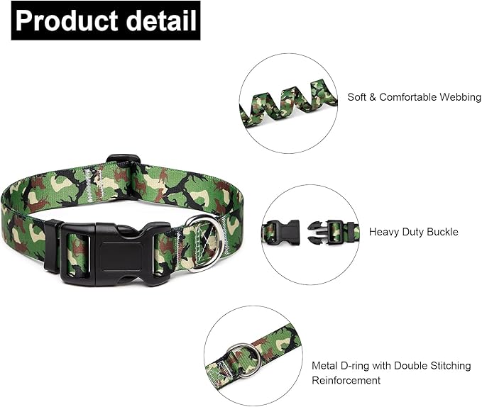 Adjustable Dog Collar with Patterns, Ultra Comfy Soft Nylon Breathable Pet Collar for Small Medium Large Dogs (L, Dog Camouflage Green)