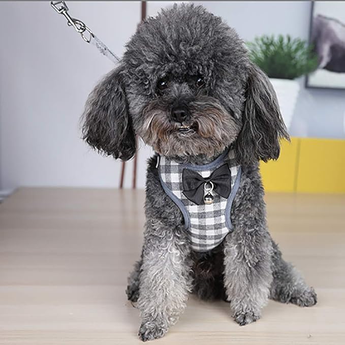 Dog Harness and Leash Set, Soft Mesh No Pull Dog Cat Harness Vest with Bowtie Bell for Small Dogs Puppy and Cats Outdoor Training and Running Classic Plaid Pattern (Medium(11.0"-18.1"), Grey Plaid)