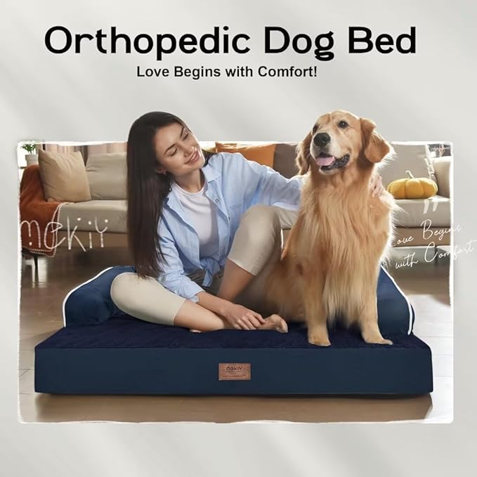 Orthopedic Large Dog Bed Washable: Orthopedic Dog beds for XXXLarge Size Dogs, Waterproof Washable Cover with Egg Foam Removable Bolster, Navy Blue Pet Beds for Large Dogs