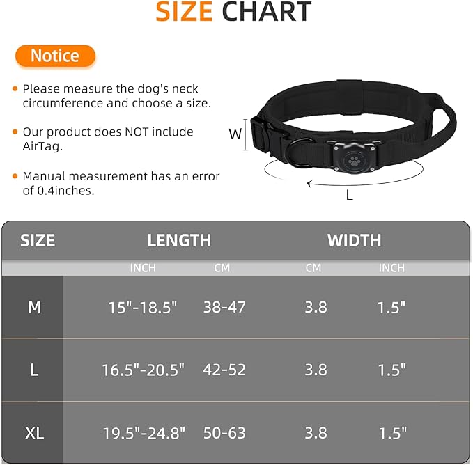Tactical AirTag Dog Collar, 100% Waterproof Integrated Apple Air Tag Dog Collars with Hard PC AirTag Holder, Adjustable Military Collar with Handle, GPS Dog Collar for Medium Large Dogs (XL, Black)