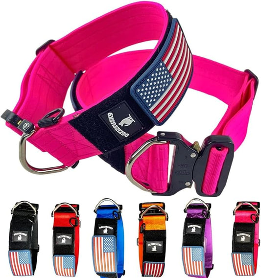 Tactical Dog Collar 2 Inch Wide Thick Heavy Duty Military Style with Metal Buckle, Adjustable for Medium - Large Breeds, Durable K9 Training Gear with Patch Area, USA Flag Patch, Strong and Secure Fit