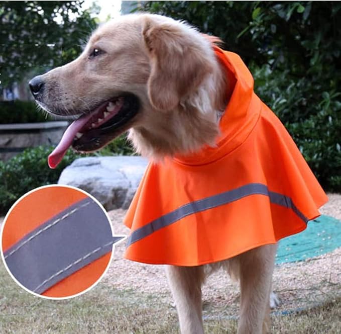 Adjustable Large Dog Raincoat with Strip Reflective - Waterproof Pet Rain Jacket Hoodie Poncho,for Large and Medium Dogs (Orange,L)