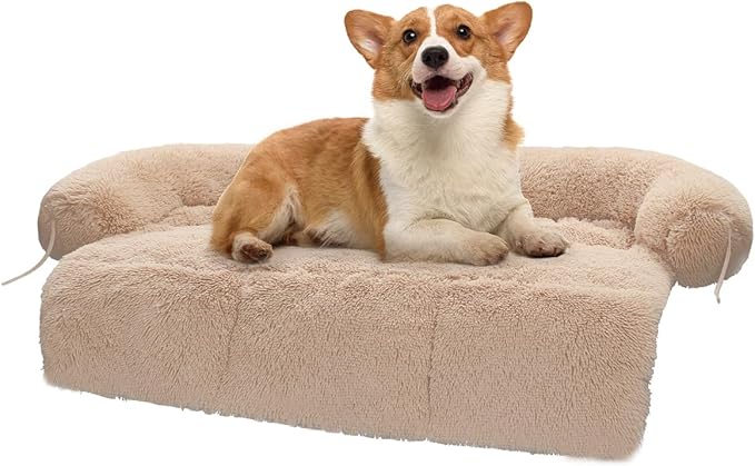 Calming Dog Bed Couch Cover Washable- Fluffy Plush Dog Mat for Furniture Protector for Small Big Dogs Cats, Beige