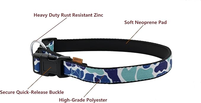 Dog Collar, Cute Camouflage Pattern, Neoprene Padded and Adjustable Collar with Quick Release Buckle, Reinforced Structure (L (Neck 18-28", Width 1"), Camouflage Blue)