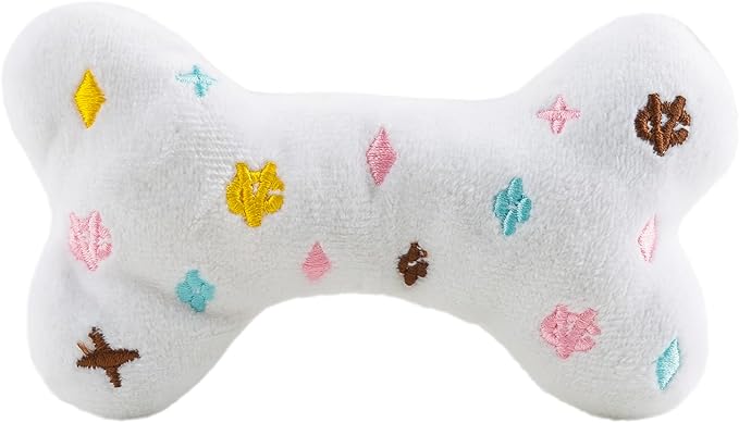 Haute Diggity Dog White Chewy Vuiton Bone, Plush Designer Dog Toys with Interactive Squeaker, Stimulating Pet Enrichment, Machine-Washable & Safe Materials for All Breeds, Size Small