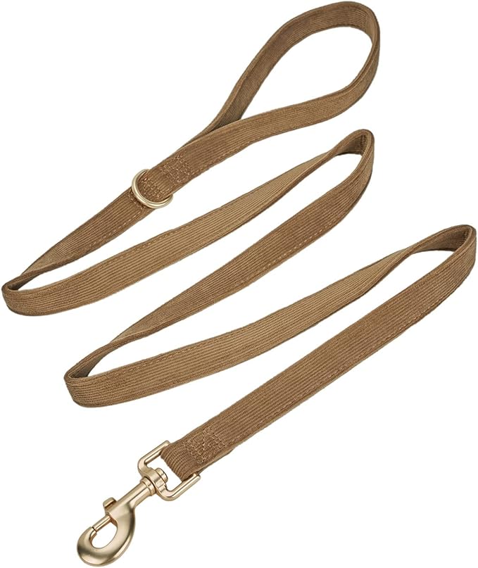 Soft Corduroy Dog Collar and Leash Set, Adjustable Cotton Dog Collars with Metal Buckle and Lead for Medium Dogs,Brown