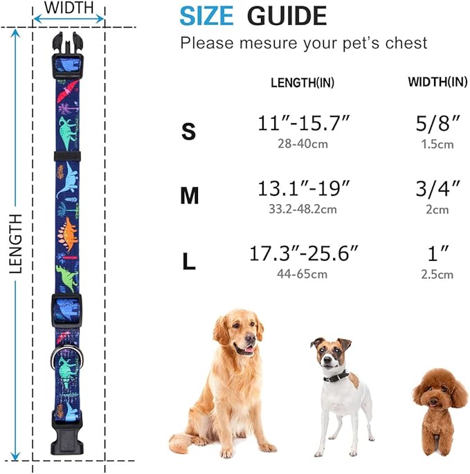 Rhea Rose Dog Collar Special Design Personalized Cute Girl boy Soft Collars with Sunflower, Camo, American Flag, Plaid (M(Neck 13.1"-19", Width 3/4"), Cartoon Dinosaurs)