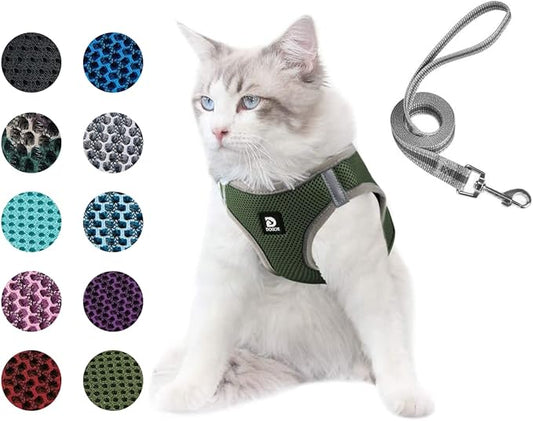 Dog and Cat Universal Harness with Leash - Cat Harness Escape Proof - Adjustable Reflective Step in Dog Harness for Small Dogs Medium Dogs - Soft Mesh Comfort Fit No Pull No Choke Tactical Green L