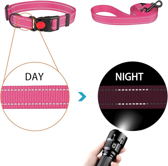 Reflective Dog Collar and Leash Set with Safety Locking Buckle Nylon Pet Collars Adjustable for Small Medium Large Dogs 3 Sizes(Hotpink&S)