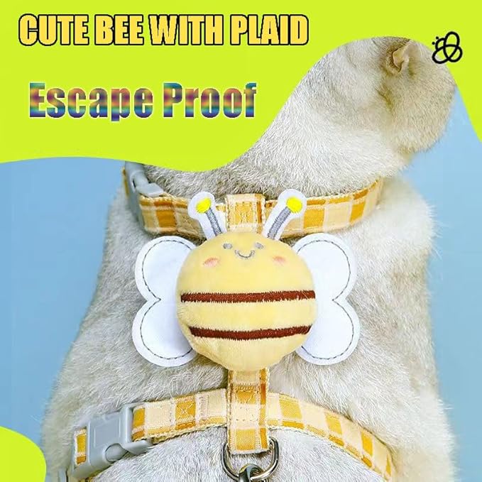 Cat Harness & Leash Set, Cats Escape Proof - Adjustable Kitten Harness for Large Small Cats, Cute Bee Plaid Lightweight Soft Petsafe Harness (Yellow Plaid Bee, M (for 7.0-16.5lb))