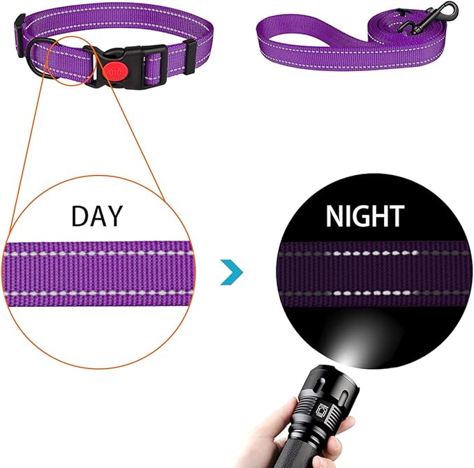 Reflective Dog Collar and Leash Set with Safety Locking Buckle Nylon Pet Collars Adjustable for Small Medium Large Dogs 4 Sizes(Purple&M)