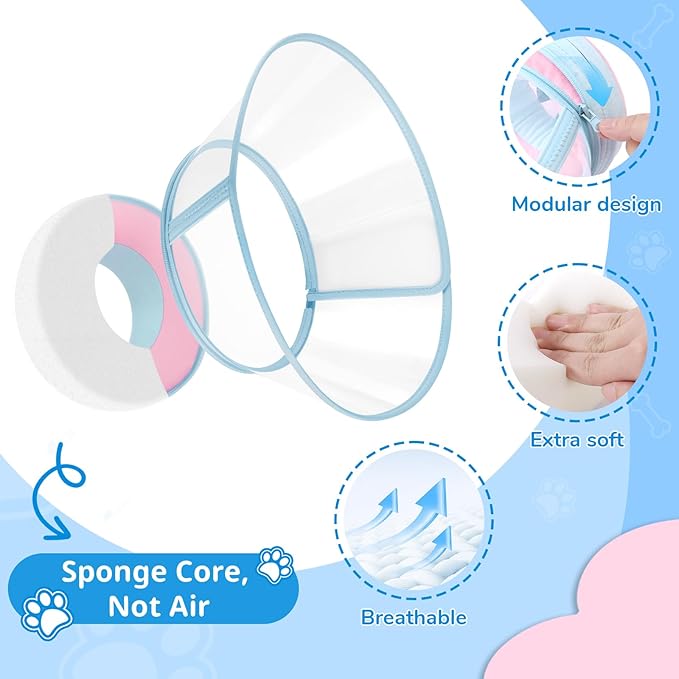 Sponge Core Dog Cone, Inflatable Dog Cone Collar Alternative, Dogs Donut Collar After Surgery, Soft Cone for Large Medium Small Dogs to Stop Licking, No Inflation Required, Clear View(Size 4, Pink)