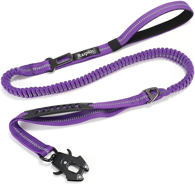 Raipult Shock Absorbing Tactical Dog Leash, 4-6FT Heavy Duty Bungee Leash, Anti-Pull Elastic Training Lead with Car Seatbelt & 2 Handles for Medium Large Dogs,Purple