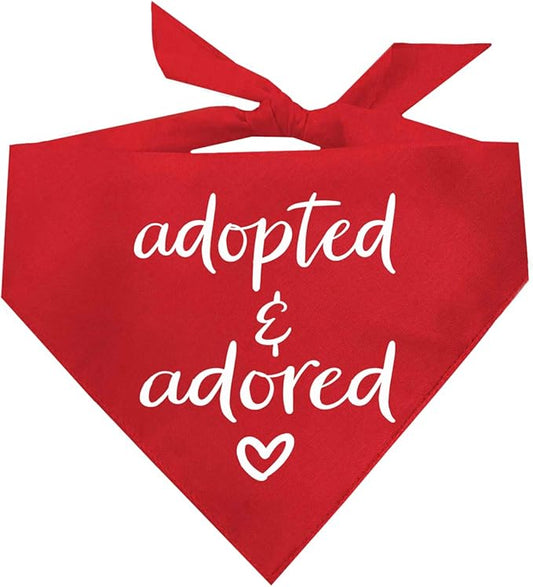 Adopted and Adored Dog Bandana | 100% Cotton Adjustable Triangle | Made in USA | Adoption Event Prop Photoshoot | Rescue | Red X-Small (380)