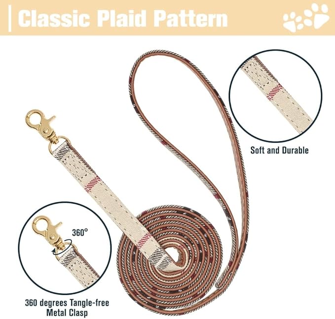 EXPAWLORER Dog Collar and Leash Set - Embroidered Pawprints Plaid With Bow Tie and Bandana, Adorable for Dogs Cats Outdoor Walking, Beige M