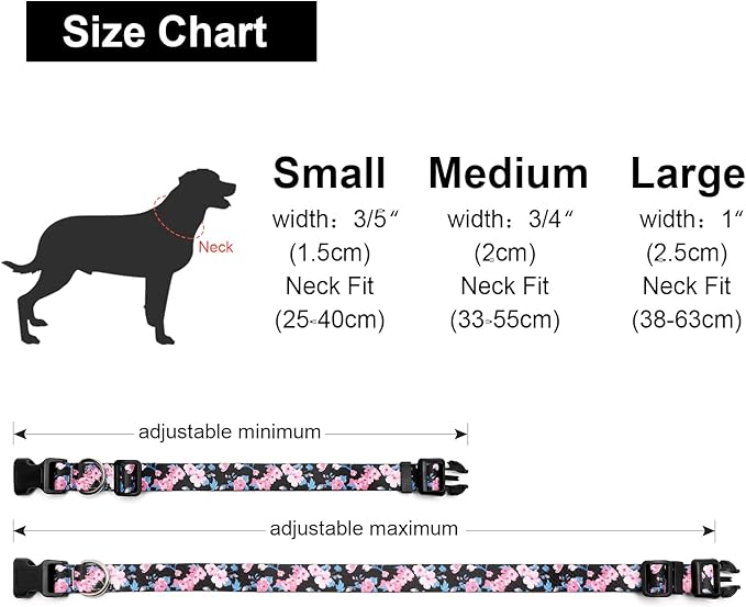 Adjustable Dog Collar with Patterns, Ultra Comfy Soft Nylon Breathable Pet Collar for Small Medium Large Dogs (M, Pink Blue Flower)