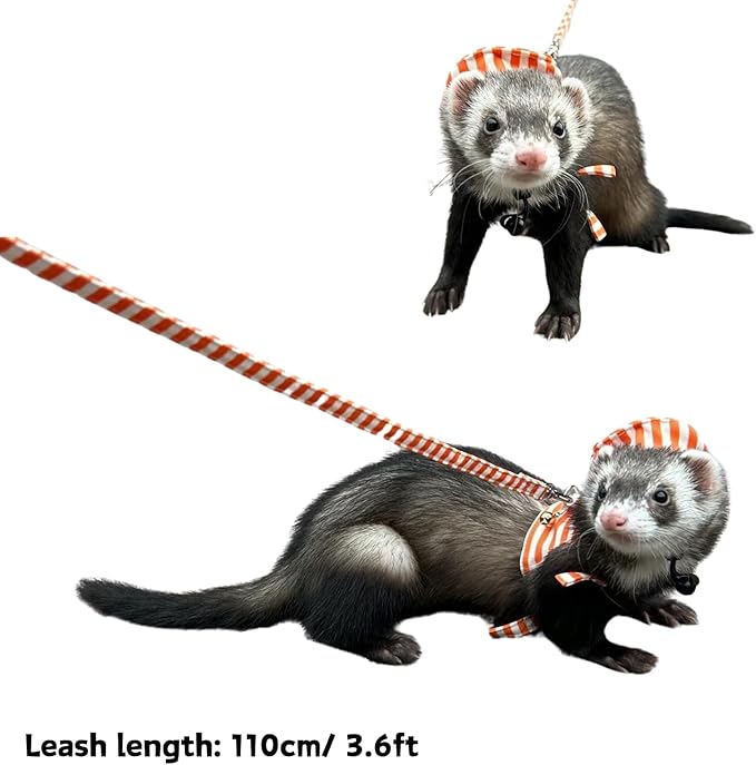 Ferret Harness and Leash - Adjustable Soft Cotton Small Pet Harness with Safe Bell, No Pull Comfort Padded Vest for Ferret, Guinea Pigs, Chinchilla and Similar Small Animals (Orange)