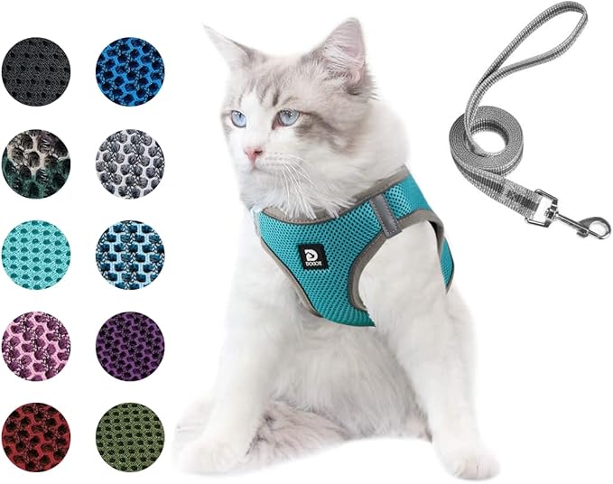 Dog and Cat Universal Harness with Leash - Cat Harness Escape Proof - Adjustable Reflective Step in Dog Harness for Small Dogs Medium Dogs - Soft Mesh Comfort Fit No Pull No Choke (L, Lake Blue)