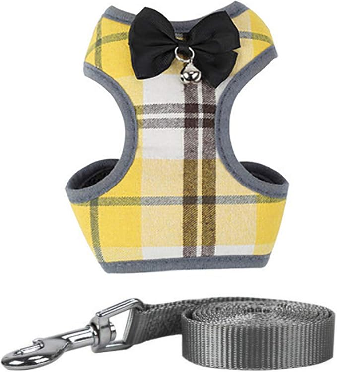 Dog Harness and Leash Set, Soft Mesh No Pull Dog Cat Harness Vest with Bowtie Bell for Small Dogs Puppy and Cats Outdoor Training and Running Classic Plaid Pattern (Medium(11.0"-18.1"), Yellow Plaid)