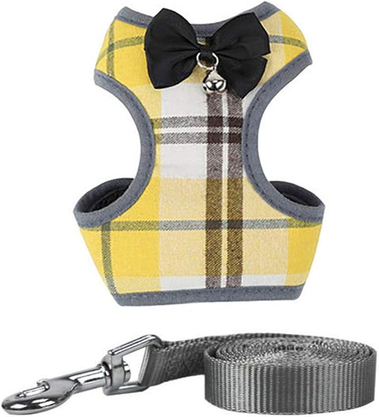 Dog Harness and Leash Set, Soft Mesh No Pull Dog Cat Harness Vest with Bowtie Bell for Small Dogs Puppy and Cats Outdoor Training and Running Classic Plaid Pattern (Large(13.7"-19.6"), Yellow Plaid)