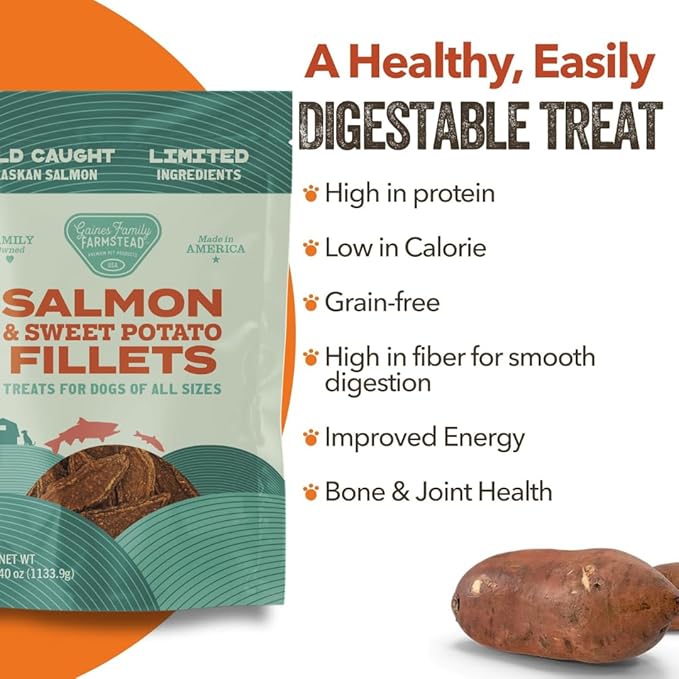 Gaines Family Farmstead Salmon & Sweet Potato Fillets, All-Natural Dog Treats – Wild Caught Alaskan Salmon, Soft Chew, Limited Ingredients, Healthy Snack for Dogs, 40 oz Pouch