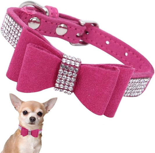 Rhinestone Dog Collar with Bow Tie, Cute Knot Crystal Bling Diamond Glitter Puppy Collars for XXS XS Small Medium Large Pet Girls Dogs Female Cats, Hot Pink XXSmall