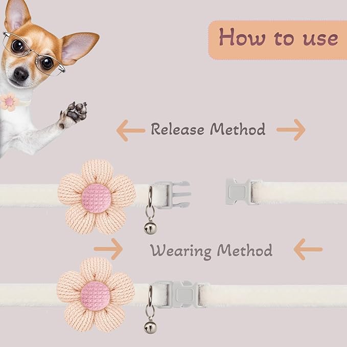 Small Dog Collar with Flower, Puppy Collars for Litter, XS Dog Collars for Small Dogs with Bell for Girl Boy Little Dog (White + Yellow)