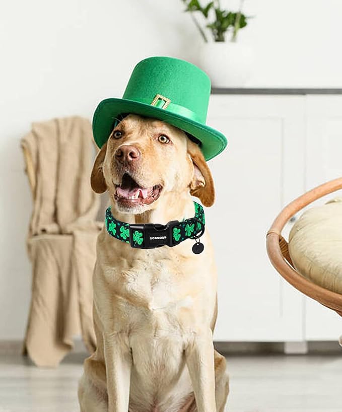 DOGWONG Black St. Patrick's Day Dog Collar, Green Lucky Clover Shamrock Dog Collar Soft Durable Adjustable Costume Bright Lucky Charm Puppy Collar for Small Medium Large Dog