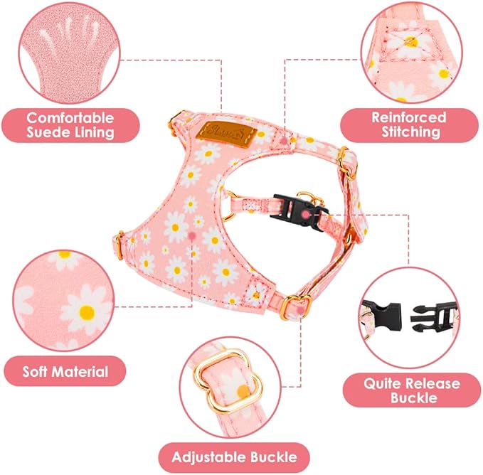 SlowTon No Pull Dog Harness with Leash - Soft Lightweight Floral Pattern Puppy Harness, Adjustable Pet Harness for Small Medium Dogs (Pink Daisy M)