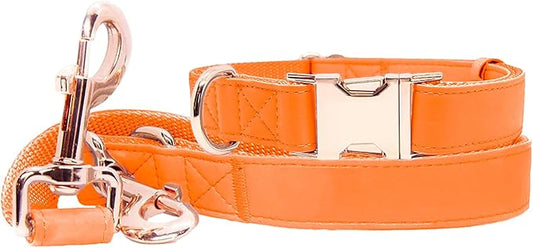Soft Leather Dog Collar and Leash (6.6') Set - Stylish Rose Gold Heavy Duty Metal Buckle, 4 Adjustable Lengths Leash for Small Medium Large Dogs - Comfortable & Easy to Clean Orange L(15.4"-24.8")
