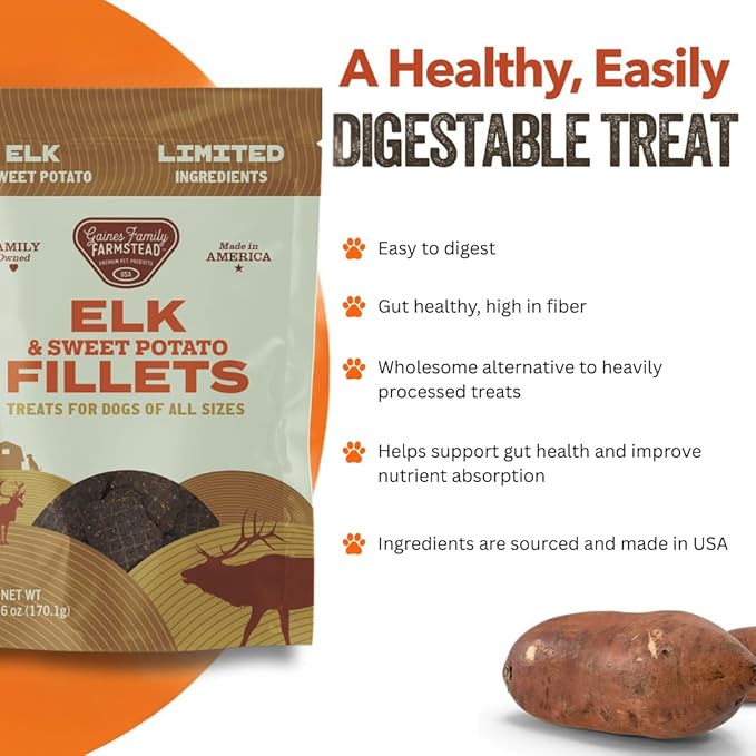 Gaines Family Farmstead Elk & Sweet Potato Dog Treats – 6 oz Natural, High-Protein, Grain-Free, Limited Ingredient Soft Chews for Gut Health and Sensitive Stomachs, Made in USA