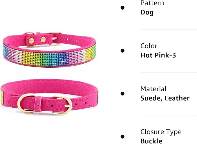 Rhinestone Dog Collar, Cute Dazzling Sparkling Soft Suede Leather Dog Cat Rhinestone Collar Crystal Diamond Pet Dog Puppy Collar (M, Hot Pink-3)
