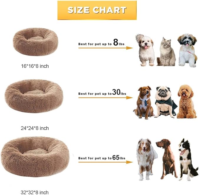 Dog Calming Beds for Small Medium Large Dogs - Round Donut Washable Puppy Dog Bed, Anti-Slip Faux Fur Fluffy Donut Cuddle Anxiety Cat Pet Bed(16'' Khaki