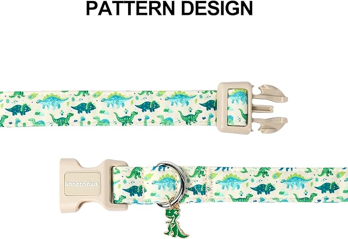 Lionet Paws Green and Blue Dinosaur Dog Collar- Cute Stegosaurus and Raptor Beige Dog Collars with Plastic Buckle,Light Adjustable Dog Collars for Small Dogs