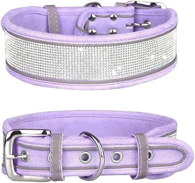 Bling Diamond Dog Collar for Females Girls,Soft Velvet Leather with Fancy Sparkly Crystal Rhinestones,Reflective Stripe,Suit Medium Large Dogs (Purple, M)