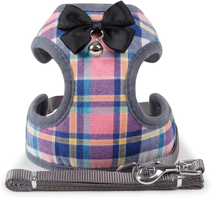 Dog Harness and Leash Set, Soft Mesh No Pull Dog Cat Harness Vest with Bowtie Bell for Small Dogs Puppy and Cats Outdoor Training and Running Classic Plaid Pattern (Large(13.7"-19.6"),Colourful Plaid)