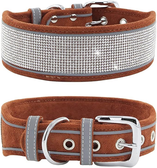 Bling Rhinestone Dog Collar Soft Comfortable Stylish Dog Collar with Bright Reflective Stripe Premium Adjustable Diamond Crystal Pet Collar for Small Medium and Large Dogs (L, Brown)