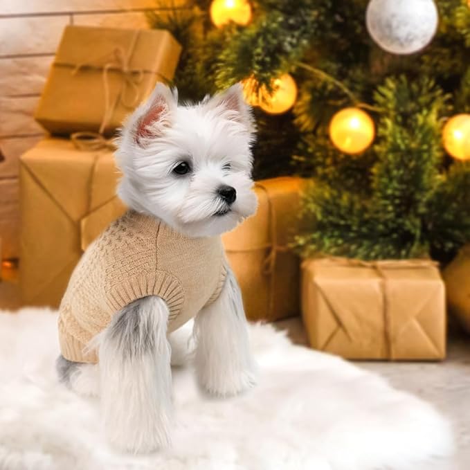 Fleece Beige Dog Sweater - Knitwear Pet Warm Clothes Classic Cable Knit Dog Sweater Cat Apparel Puppy Outfits for Small Medium Dogs Cats Boy Girl Pet (Small)