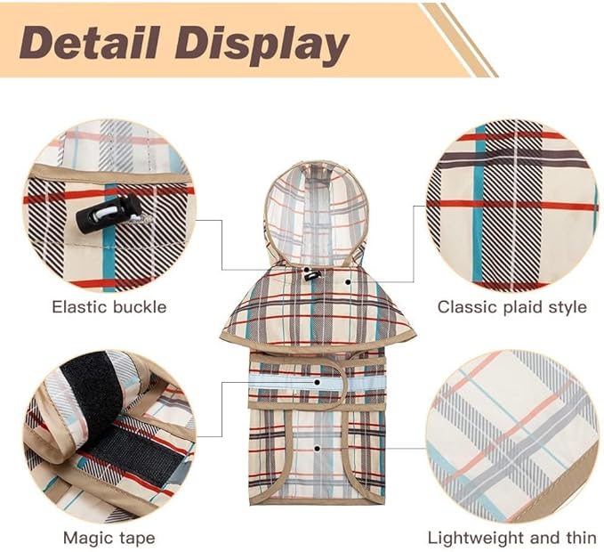 KOOLTAIL Dog Raincoat Hooded Slicker Poncho with Leash Hole, Raincoat for Small Medium Dogs, Waterproof Doggie Rain Jacket with Reflective Strip, Adjustable Breathable Plaid Puppy Rainwear-Beige