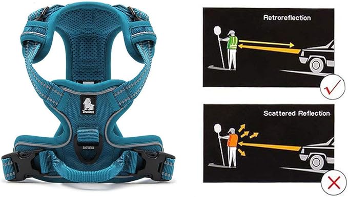 Soft Front Dog Harness .Best Reflective no Pull Harness with Handle and 2 Leash Attachments Teal Blue