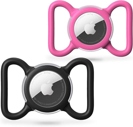 Waterproof Airtag Dog Collar Holder, Silicone & ABS Airtag Holder for Dog & Cat Collars, Ultra-Durable, Lightweight and Protective Airtag Case (Black & Rose, Large)