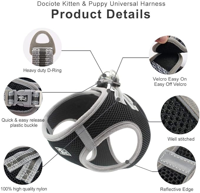 Pet Harness with Leash Universal Escape Proof Dog Cat Harness Adjustable Reflective Step-in Design for Small and Medium Dogs Soft Mesh No Pull No Choke Comfort Fit Black, XS