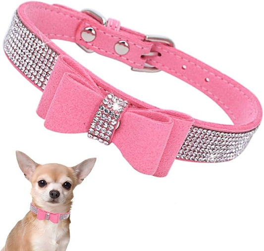 Rhinestone Dog Collar with Bow Tie, Cute Knot Crystal Bling Diamond Glitter Puppy Collars for XXS XS Small Medium Large Pet Girls Dogs Female Cats, Pink XXL