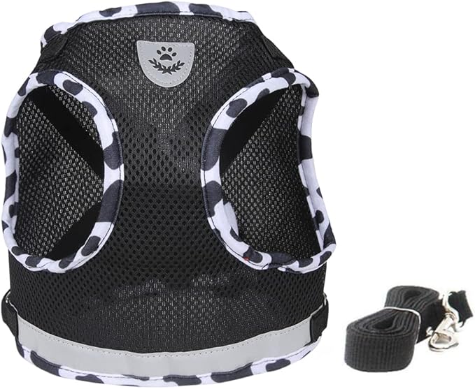 FEimaX Dog Harness and Leash Set for Walking, Soft Mesh Adjustable Easy Control Lightweight Cat Vest Harnesses with Reflective Strips, Escape Proof Small Dogs Cats Vests (Cowblack, Large)