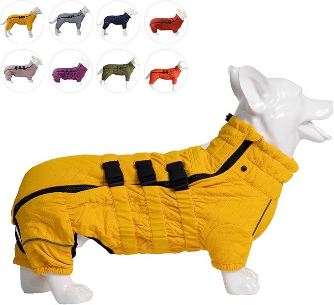 Lovelonglong Warm Dog Coat Double Layers Dog Vest, 4 Legs Covered Windproof Waterproof Reflective Warm Dog Vest Outdoor Skating Dog Costume for Corgis Dachshund Dog Yellow D-M