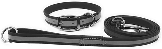Regal Dog Products Small Black Reflective Dog Collar and Leash Set - Waterproof Biothane Dog Collar with Heavy Duty Double Buckle, D Ring & 5ft Leash - Other Size for Medium & Large Dogs
