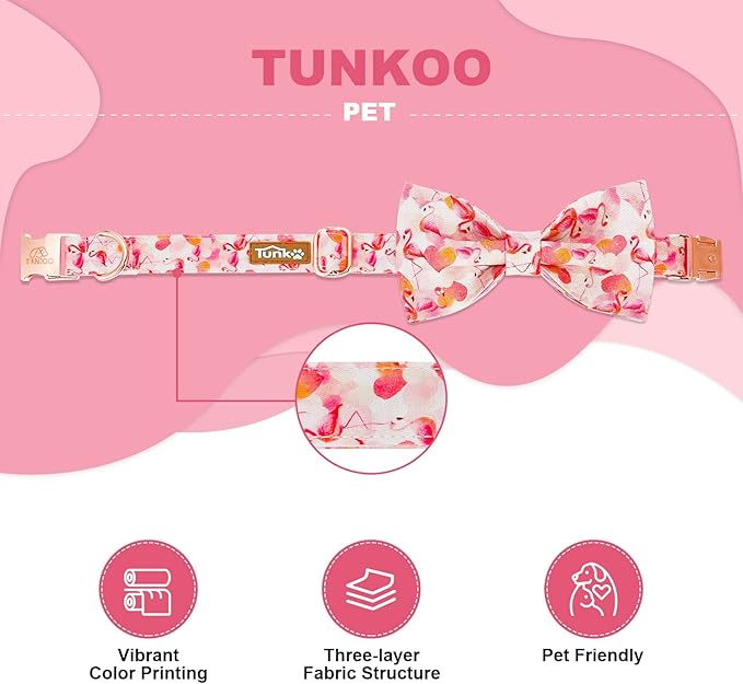 Tunkoo Super Cute Dog Collar with Bow Tie Pink Flamingo Heart - Durable, Adjustable, and Stylish Pet Collar Available in Small Medium Large M