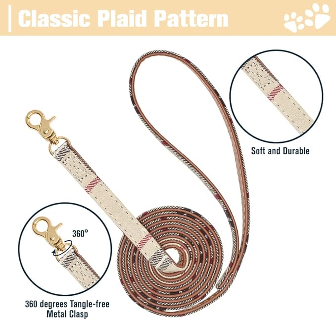 EXPAWLORER Dog Collar and Leash Set - Plaid Dog Collar with Pawprints and Bow Tie, Cat-Friendly, Beige S-M