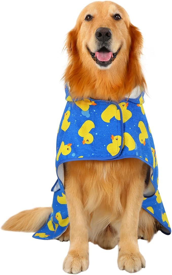 HDE Dog Bathrobe Super Absorbent Quick Drying Towel with Hood for All Dog Breeds Sizes S-XXL - Blue Rubber Ducks - L