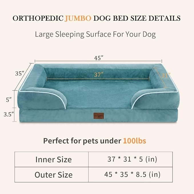 Comfort Expression Jumbo Breed Dog Bed, Orthopedic Beds for Extra Large Dogs, Waterproof Dog Bed, PV Washable Dogs Sofa Beds with Removable Cover & Non-Slip Bottom(Jumbo,Washed Blue)
